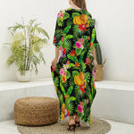 Tropical Hawaiian Fruits Pattern Print Silk V-Neck Kaftan Dress