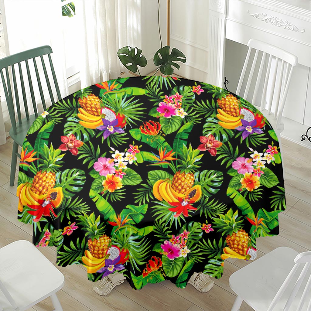 Tropical Hawaiian Fruits Pattern Print Waterproof Round Tablecloth