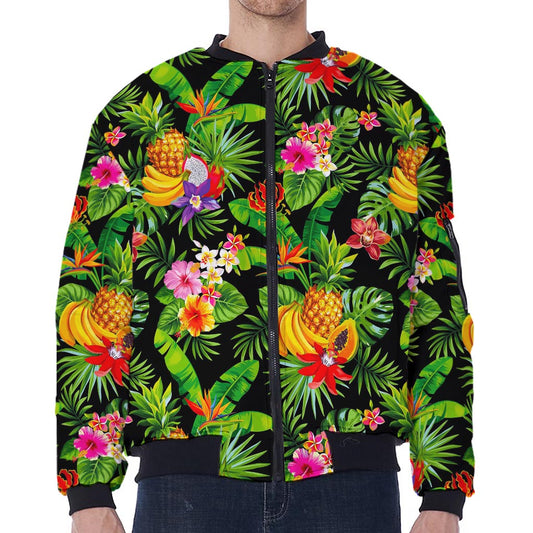 Tropical Hawaiian Fruits Pattern Print Zip Sleeve Bomber Jacket