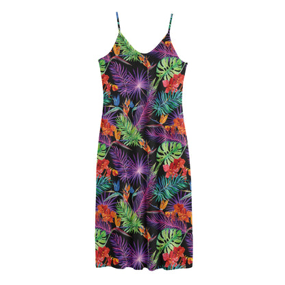 Tropical Hawaiian Jungle Print Jersey Midi Cami Dress