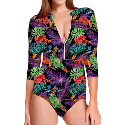 Tropical Hawaiian Jungle Print Long Sleeve Swimsuit