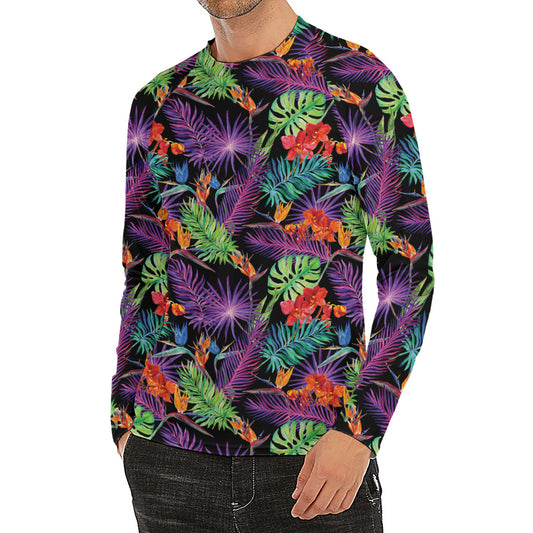 Tropical Hawaiian Jungle Print Men's Long Sleeve Rash Guard