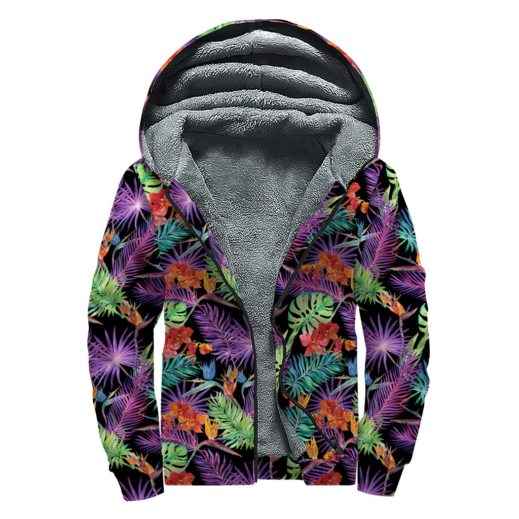 Tropical Hawaiian Jungle Print Sherpa Lined Zip Up Hoodie