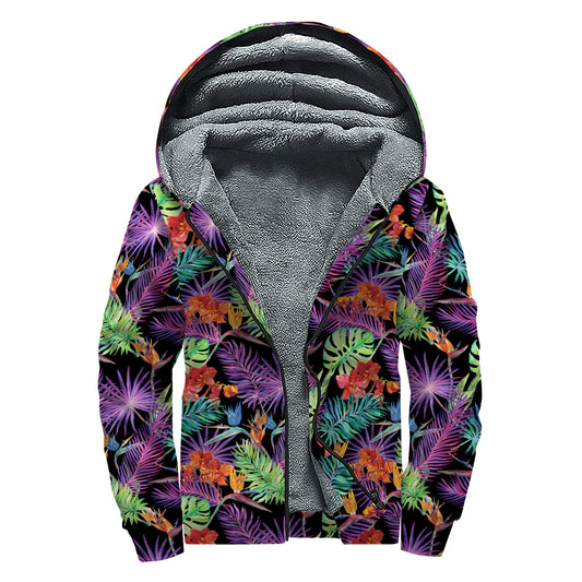 Tropical Hawaiian Jungle Print Sherpa Lined Zip Up Hoodie