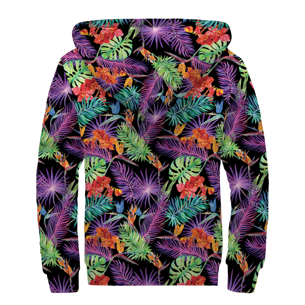 Tropical Hawaiian Jungle Print Sherpa Lined Zip Up Hoodie