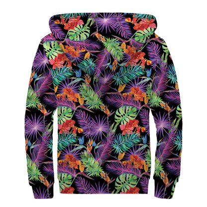 Tropical Hawaiian Jungle Print Sherpa Lined Zip Up Hoodie