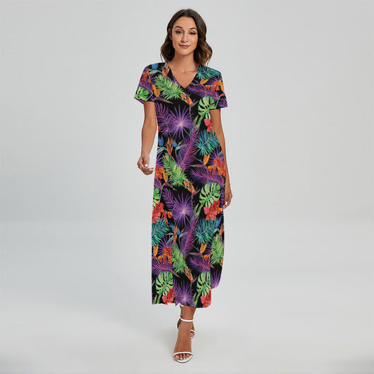 Tropical Hawaiian Jungle Print Short Sleeve Maxi Dress
