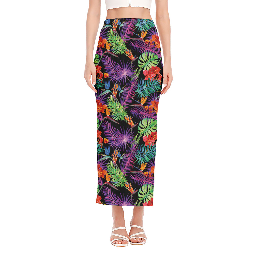 Tropical Hawaiian Jungle Print Side Slit Maxi Skirt