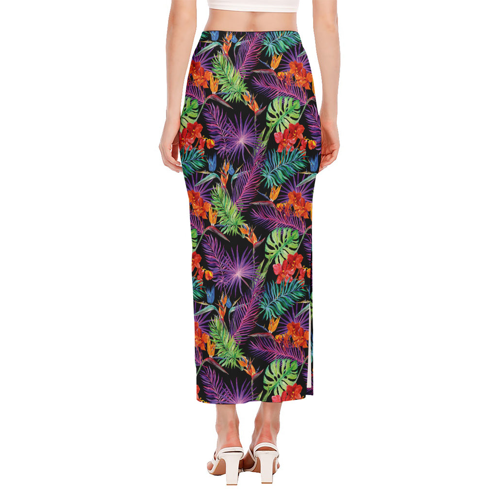 Tropical Hawaiian Jungle Print Side Slit Maxi Skirt