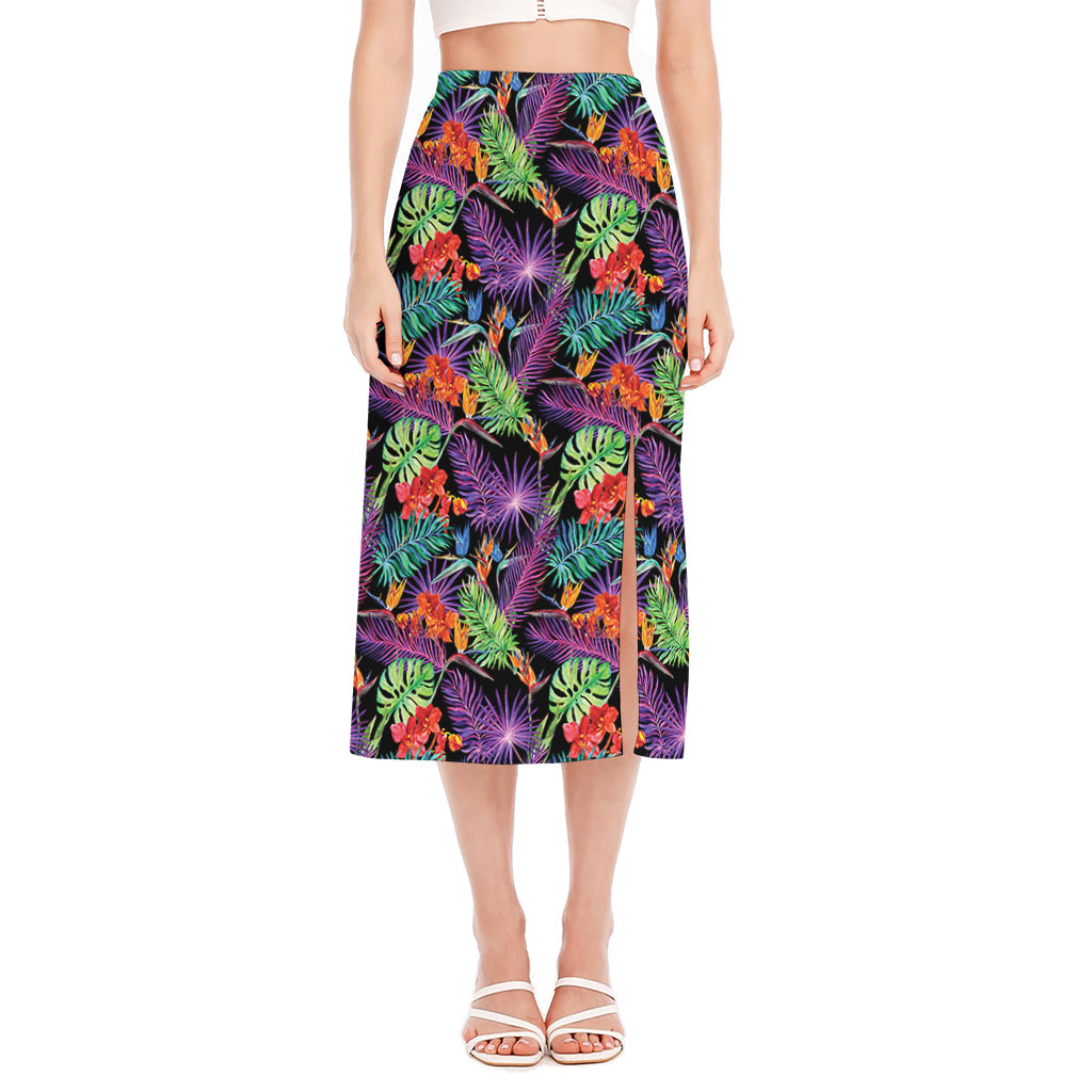 Tropical Hawaiian Jungle Print Side Slit Midi Skirt