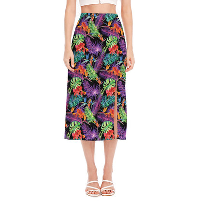 Tropical Hawaiian Jungle Print Side Slit Midi Skirt