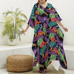 Tropical Hawaiian Jungle Print Silk V-Neck Kaftan Dress