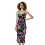 Tropical Hawaiian Jungle Print Slim Fit Midi Cami Dress