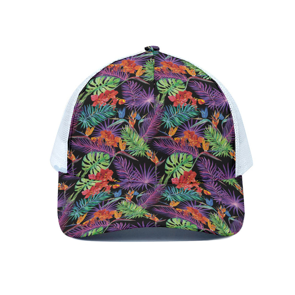 Tropical Hawaiian Jungle Print White Mesh Trucker Cap