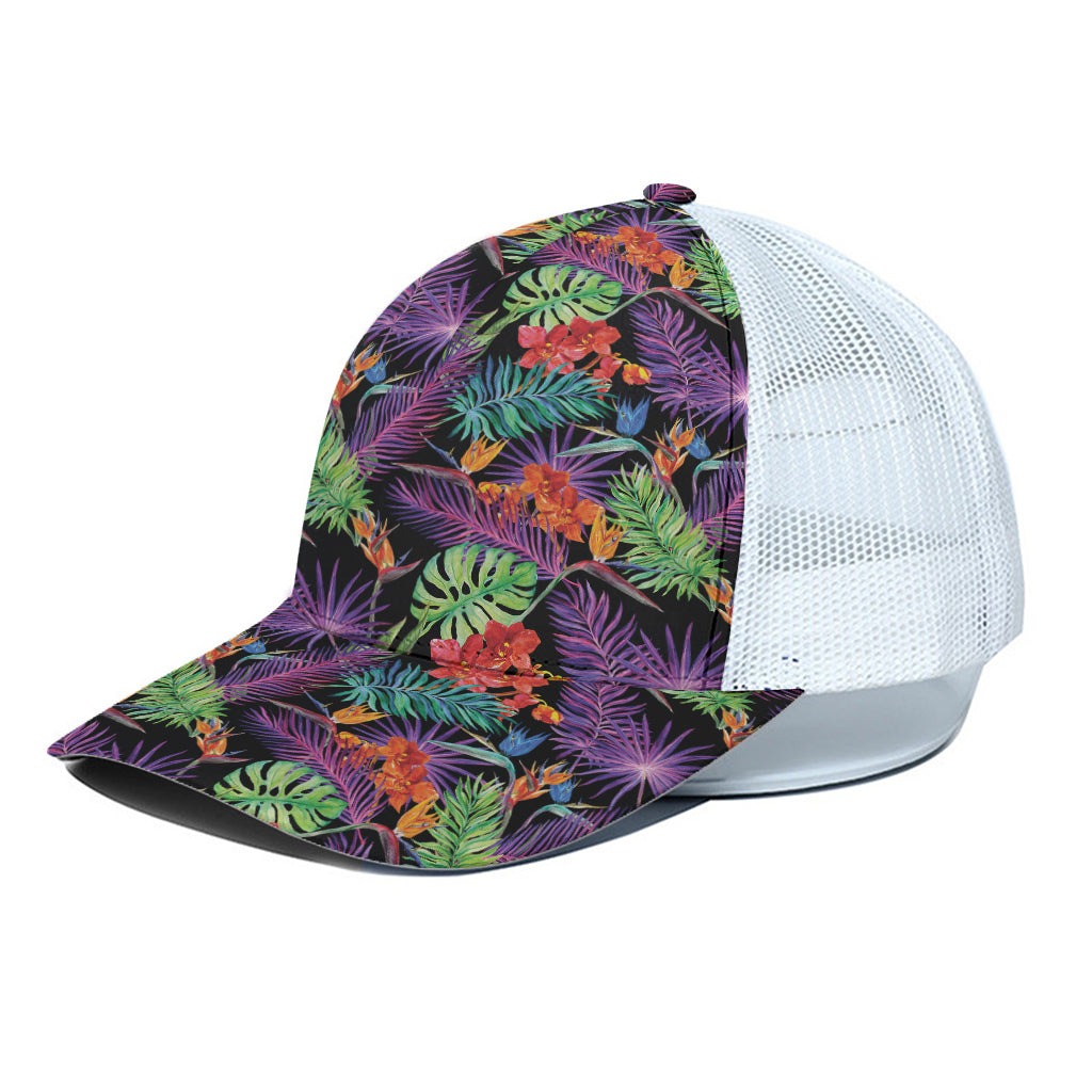 Tropical Hawaiian Jungle Print White Mesh Trucker Cap