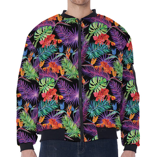 Tropical Hawaiian Jungle Print Zip Sleeve Bomber Jacket