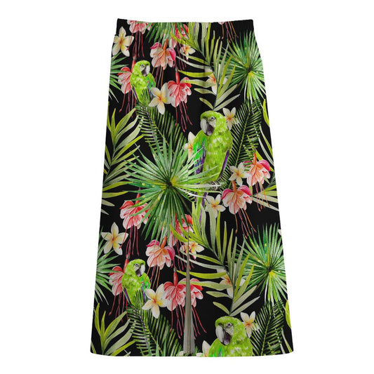Tropical Hawaiian Parrot Pattern Print Cotton Front Slit Maxi Skirt
