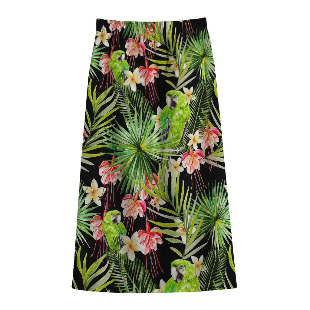 Tropical Hawaiian Parrot Pattern Print Cotton Front Slit Maxi Skirt