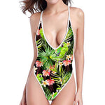 Tropical Hawaiian Parrot Pattern Print High Cut One Piece Swimsuit