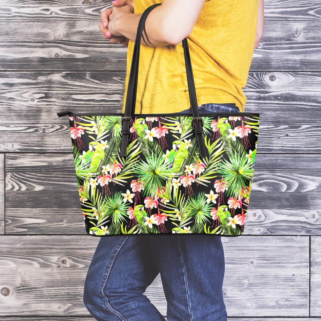 Tropical Hawaiian Parrot Pattern Print Leather Tote Bag