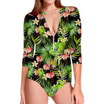 Tropical Hawaiian Parrot Pattern Print Long Sleeve Swimsuit