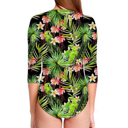 Tropical Hawaiian Parrot Pattern Print Long Sleeve Swimsuit