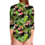 Tropical Hawaiian Parrot Pattern Print Long Sleeve Swimsuit