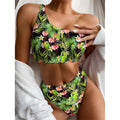 Tropical Hawaiian Parrot Pattern Print One Shoulder Bikini Set