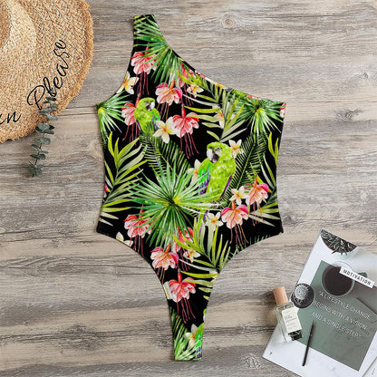 Tropical Hawaiian Parrot Pattern Print One Shoulder Bodysuit