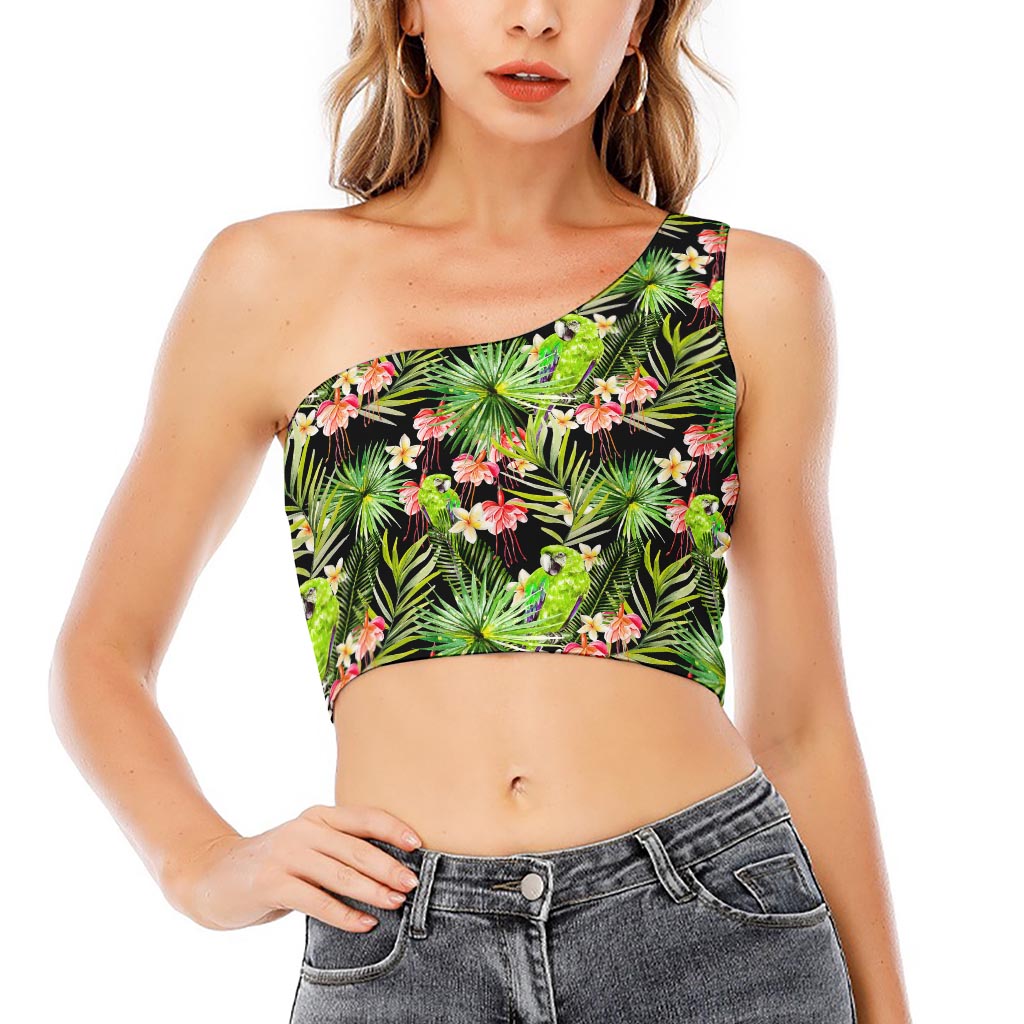 Tropical Hawaiian Parrot Pattern Print One Shoulder Crop Top