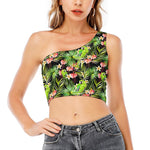 Tropical Hawaiian Parrot Pattern Print One Shoulder Crop Top