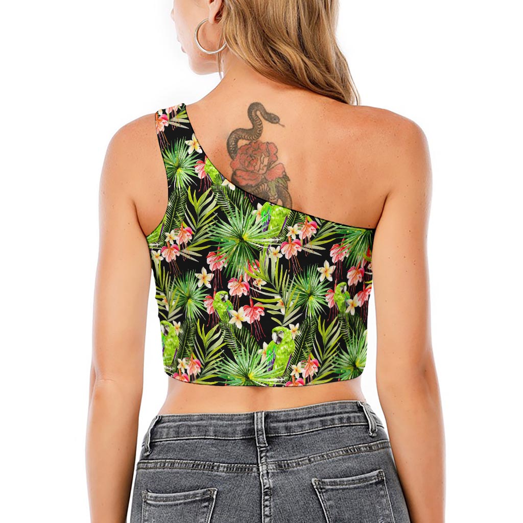 Tropical Hawaiian Parrot Pattern Print One Shoulder Crop Top