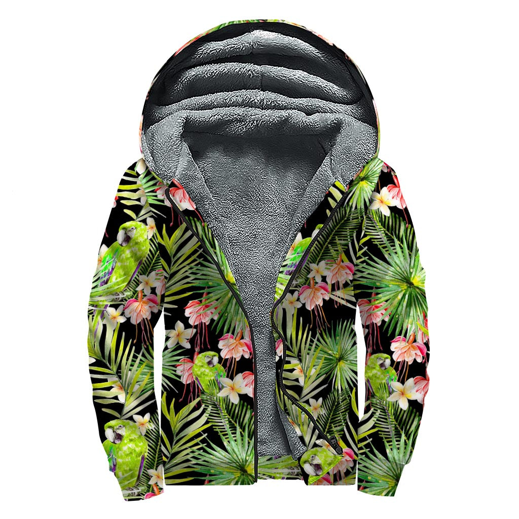 Tropical Hawaiian Parrot Pattern Print Sherpa Lined Zip Up Hoodie