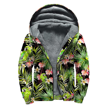 Tropical Hawaiian Parrot Pattern Print Sherpa Lined Zip Up Hoodie