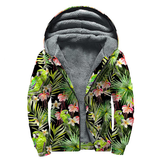 Tropical Hawaiian Parrot Pattern Print Sherpa Lined Zip Up Hoodie