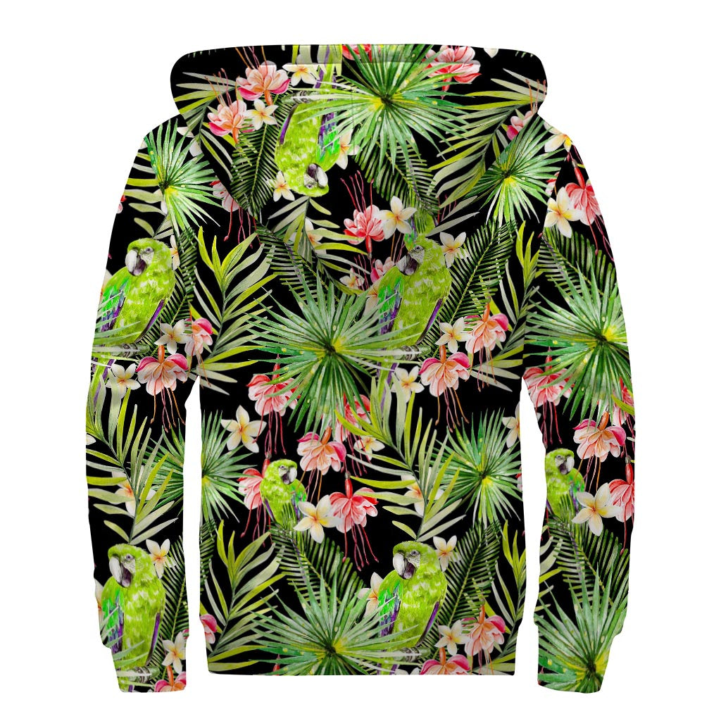 Tropical Hawaiian Parrot Pattern Print Sherpa Lined Zip Up Hoodie