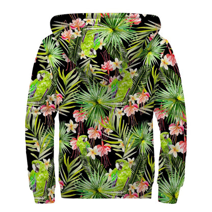 Tropical Hawaiian Parrot Pattern Print Sherpa Lined Zip Up Hoodie