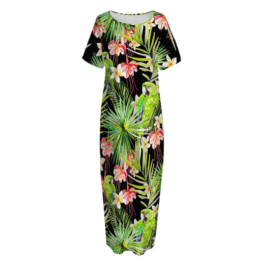 Tropical Hawaiian Parrot Pattern Print Short Sleeve Long Nightdress