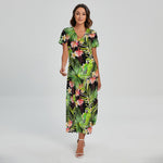 Tropical Hawaiian Parrot Pattern Print Short Sleeve Maxi Dress