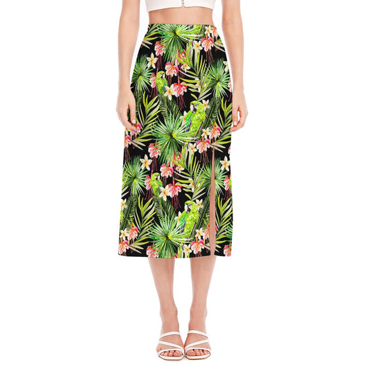 Tropical Hawaiian Parrot Pattern Print Side Slit Midi Skirt