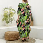 Tropical Hawaiian Parrot Pattern Print Silk V-Neck Kaftan Dress