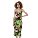 Tropical Hawaiian Parrot Pattern Print Slim Fit Midi Cami Dress