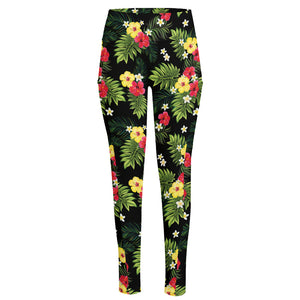 Tropical Hibiscus Aloha Pattern Print High-Waisted Pocket Leggings