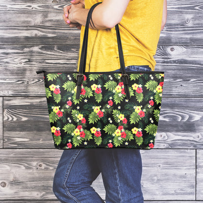 Tropical Hibiscus Aloha Pattern Print Leather Tote Bag