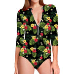Tropical Hibiscus Aloha Pattern Print Long Sleeve Swimsuit