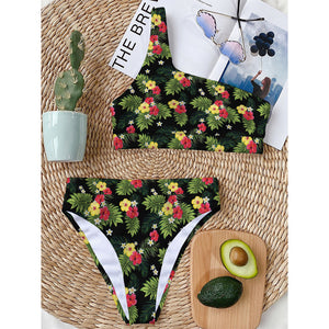 Tropical Hibiscus Aloha Pattern Print One Shoulder Bikini Top