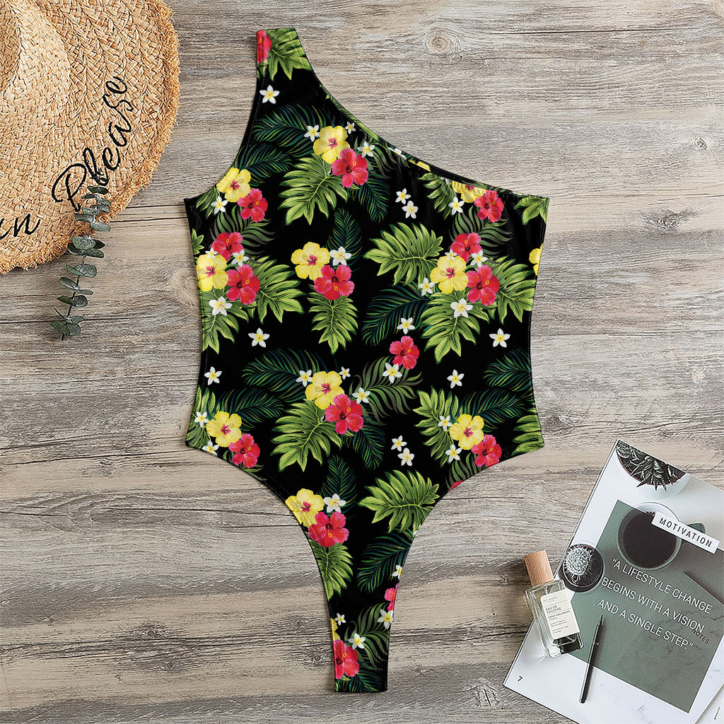 Tropical Hibiscus Aloha Pattern Print One Shoulder Bodysuit
