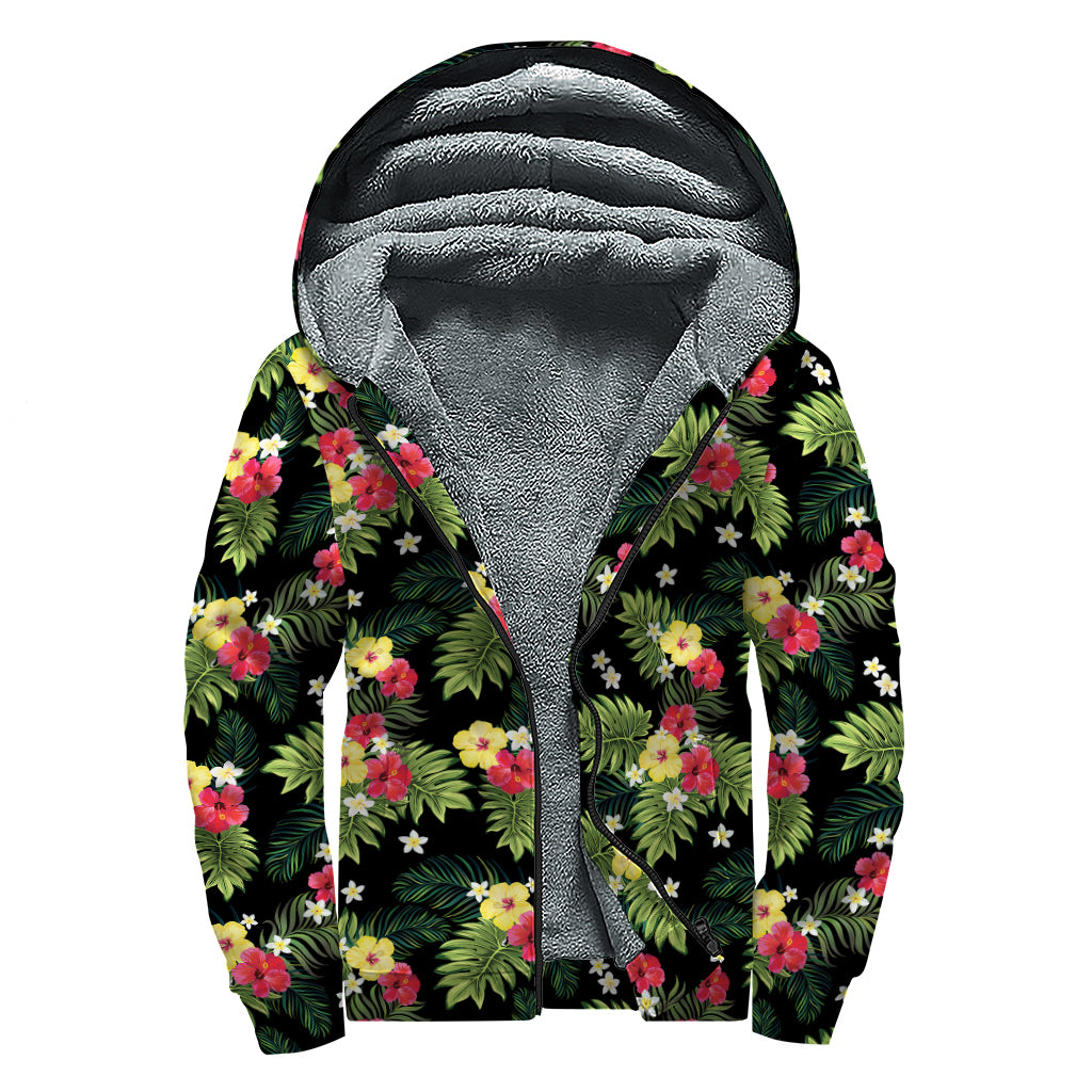 Tropical Hibiscus Aloha Pattern Print Sherpa Lined Zip Up Hoodie