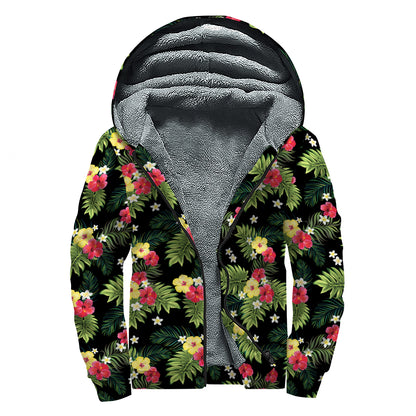 Tropical Hibiscus Aloha Pattern Print Sherpa Lined Zip Up Hoodie
