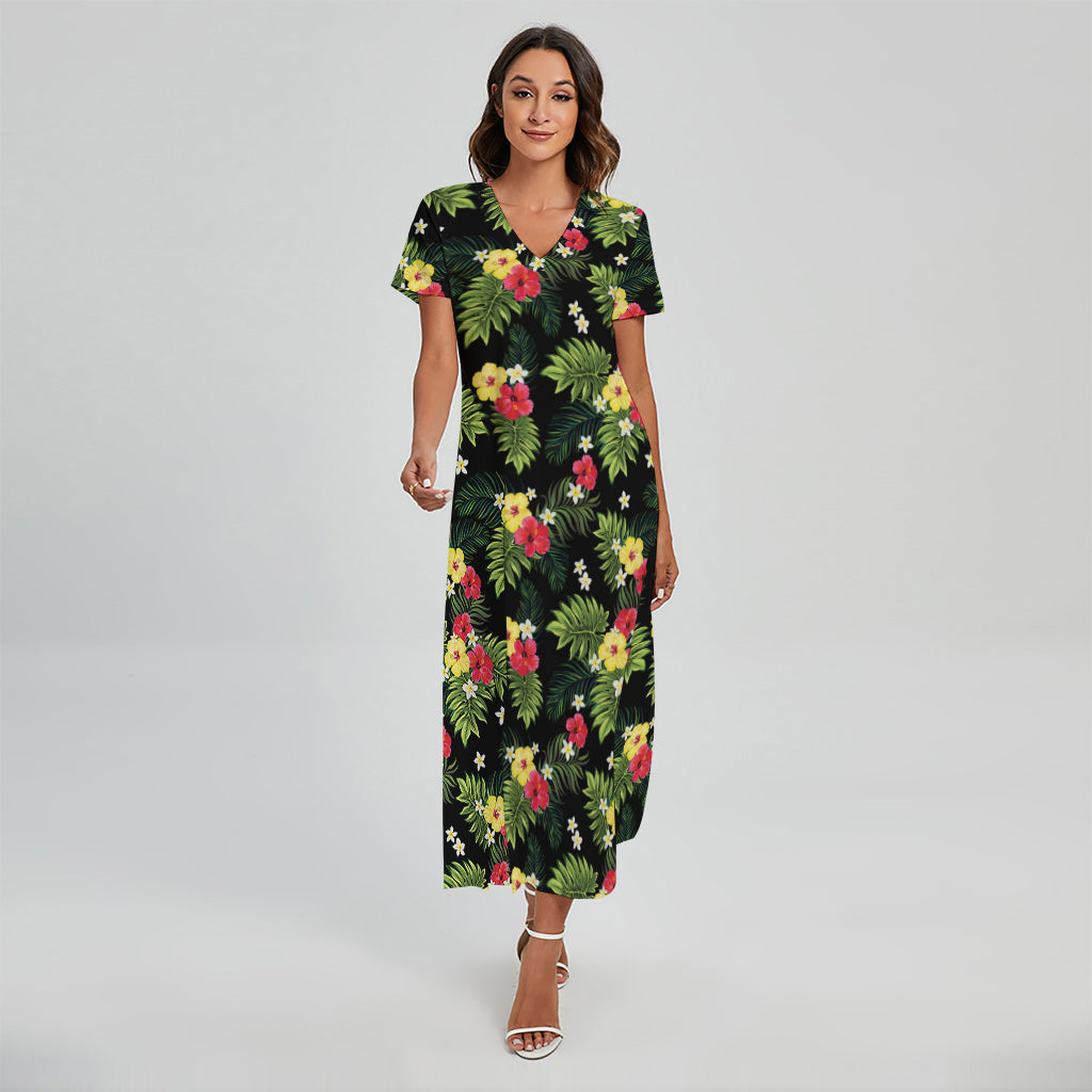 Tropical Hibiscus Aloha Pattern Print Short Sleeve Maxi Dress